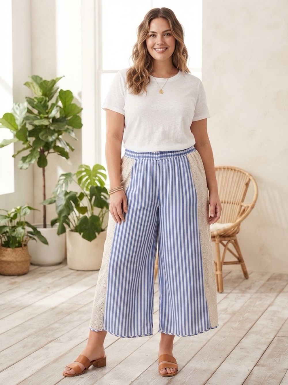 Striped Blue & Cream Wide-Leg Cropped Pants with Lace Side Panels